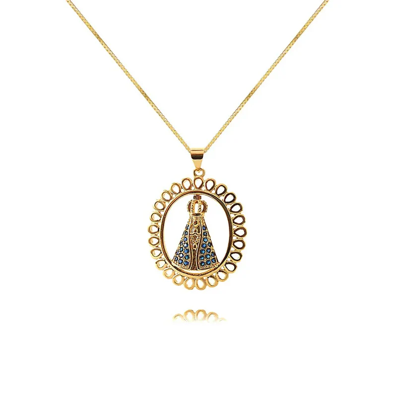 Colar Nossa Senhora Aparecida com Zircônias Azuis – Pingente Religioso Feminino Delicado